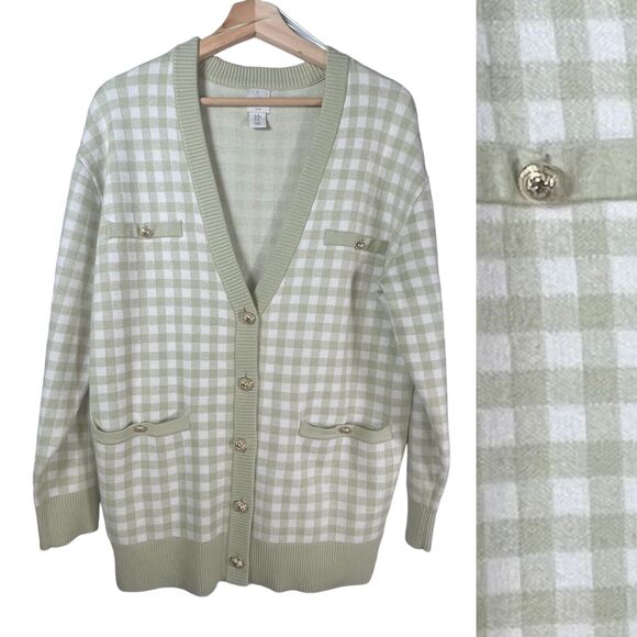 Joie Sweaters - Joie Womens Green Gingham Check Plaid Boyfriend Cardigan SIZE MEDIUM Preppy